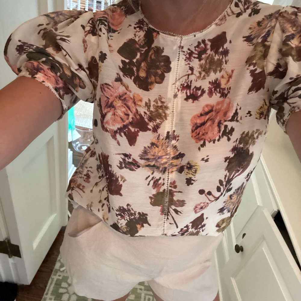 Ulla Johnson Cream Floral Blouse with Boxy Short Sleeves